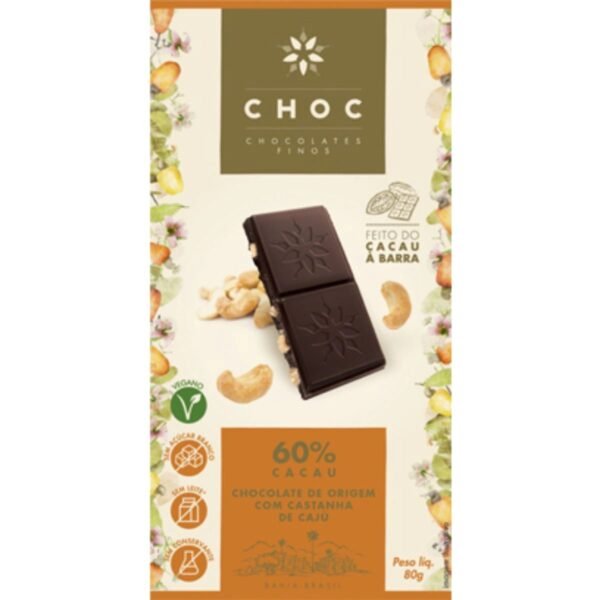 CHOCOLATE 60% CACAU COM CASTANHA DE CAJU 80G - CHOC