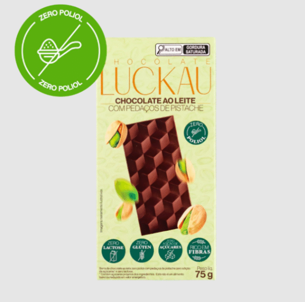 BARRA 75g LUCKAU CHOCOLATE AO LEITE PISTACHE ZERO